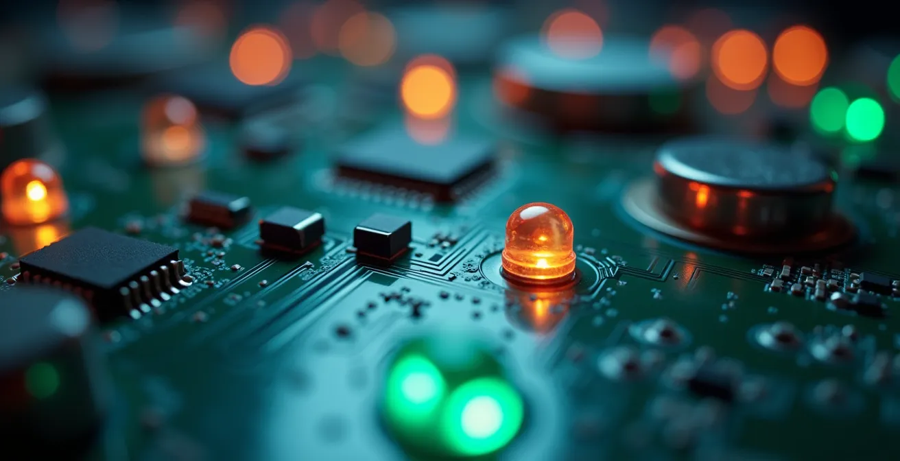 Vue macro d'une carte réseau avec indicateurs LED multicolores