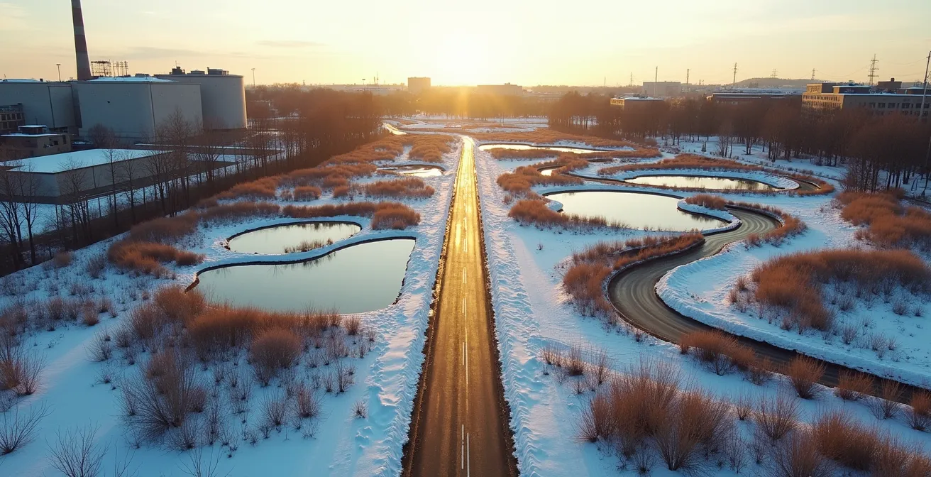 Vue aérienne d'un système de bassins de biorétention dans un parc industriel québécois en hiver
