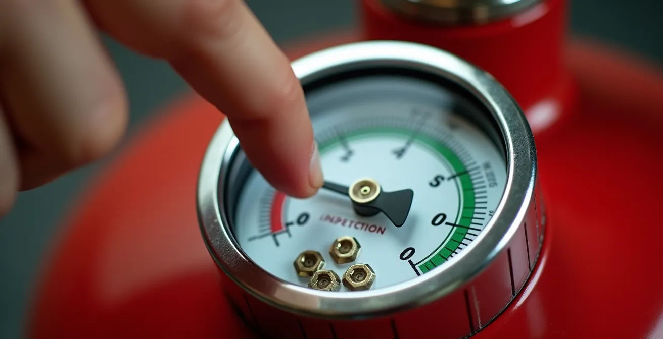 Gros plan sur la vérification du manomètre d'un extincteur lors de l'inspection mensuelle