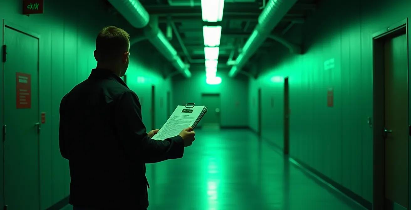 Couloir d'évacuation industriel parfaitement dégagé avec éclairage d'urgence et marquage au sol visible