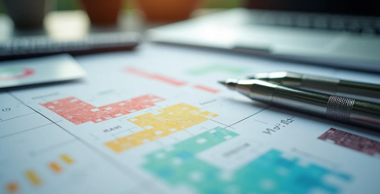 Vue macro d'une surface de travail avec documents de planification et outils d'analyse disposés de manière stratégique