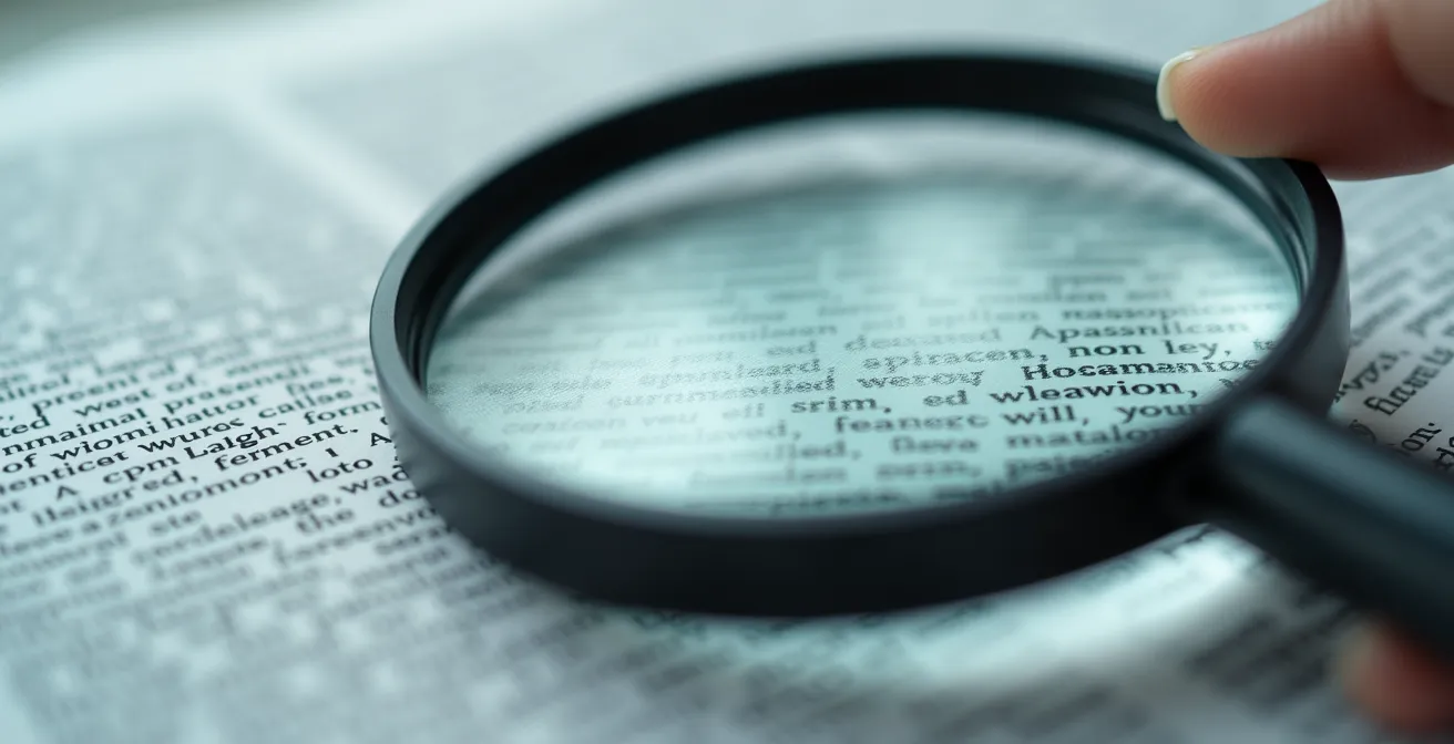 Vue macro d'une loupe examinant des documents de recherche de brevets