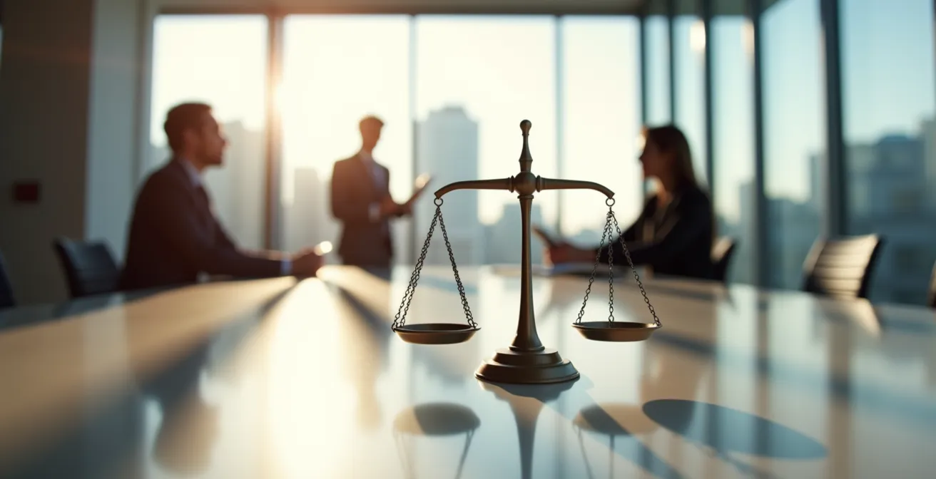 Balance de justice moderne en équilibre avec documents flous et lumière dramatique dans un cabinet d'avocat