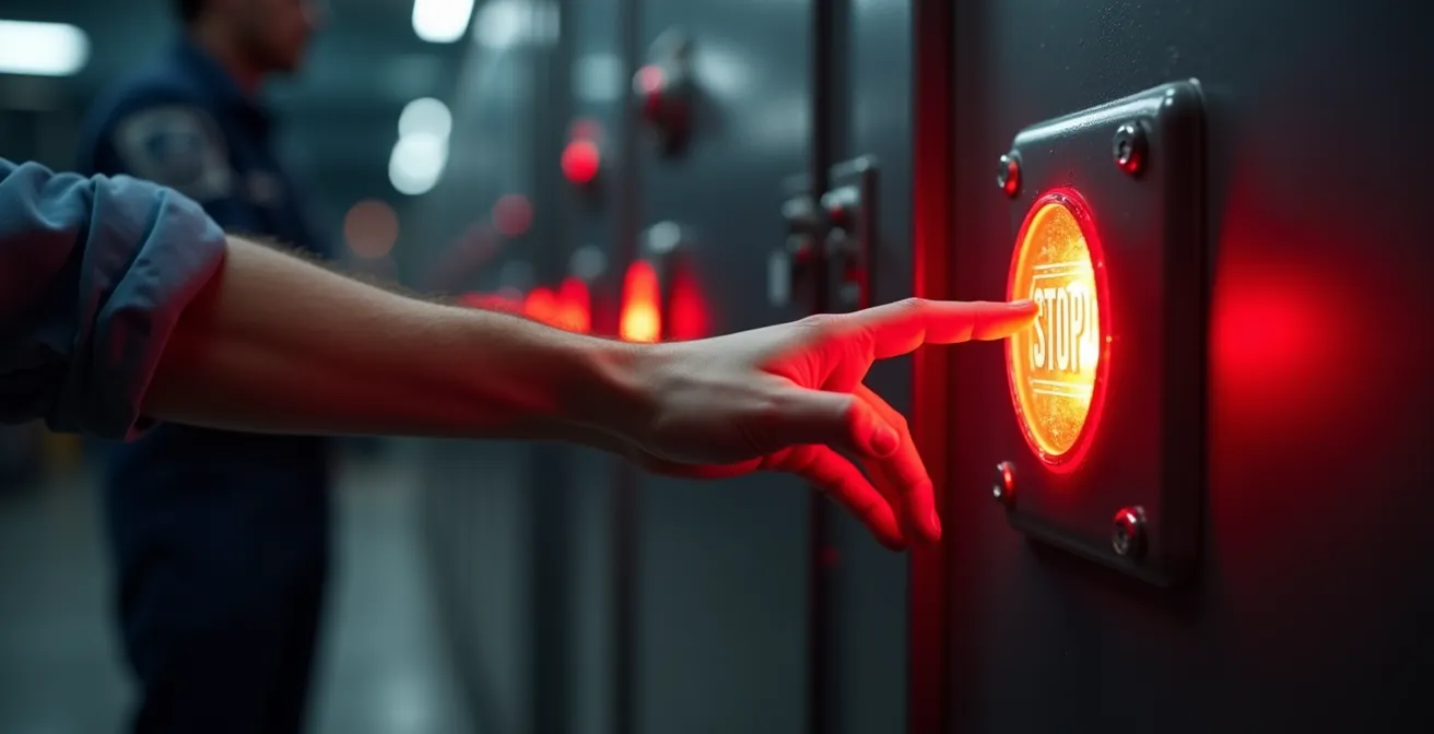 Mouvement symbolique d'une main actionnant instantanément un dispositif d'urgence sans hésitation