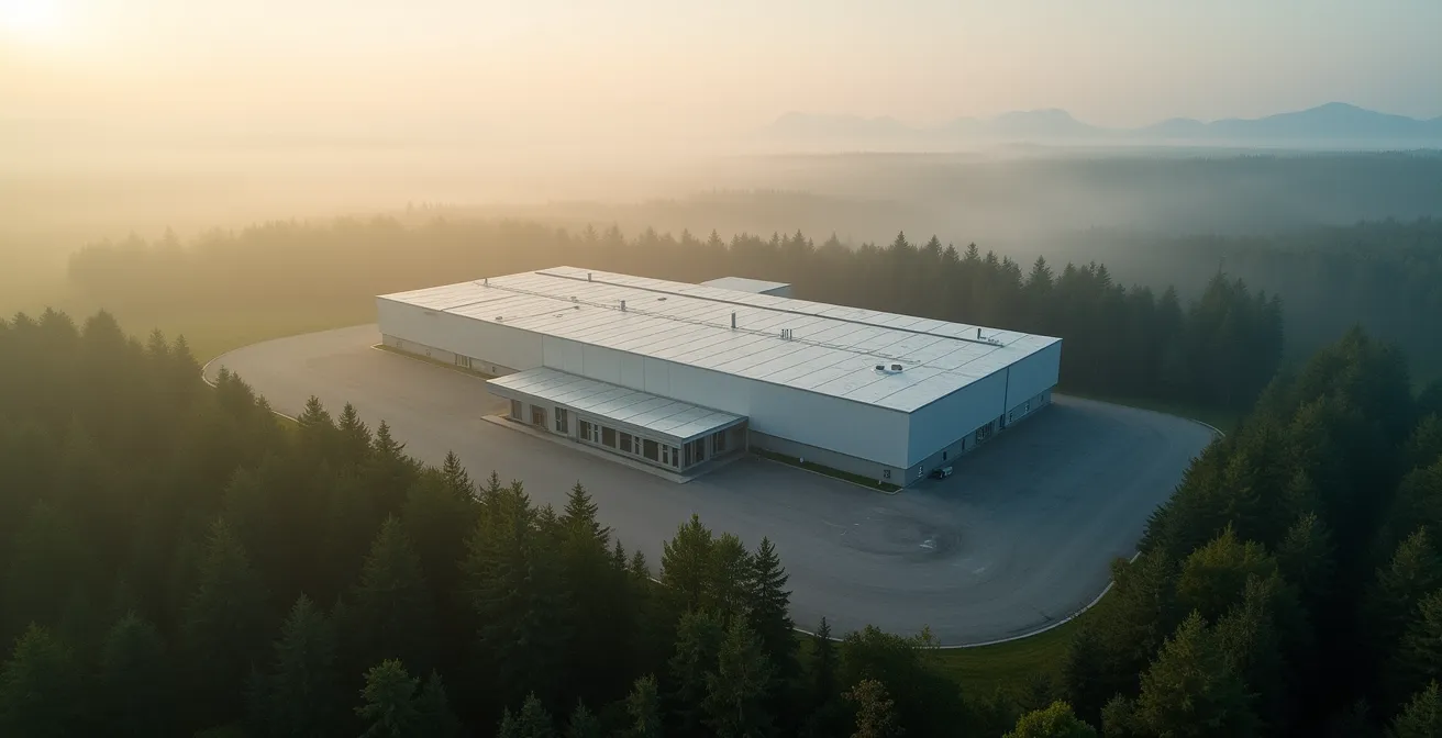 Vue aérienne minimaliste d'une usine québécoise moderne, symbolisant l'harmonie entre production et environnement.