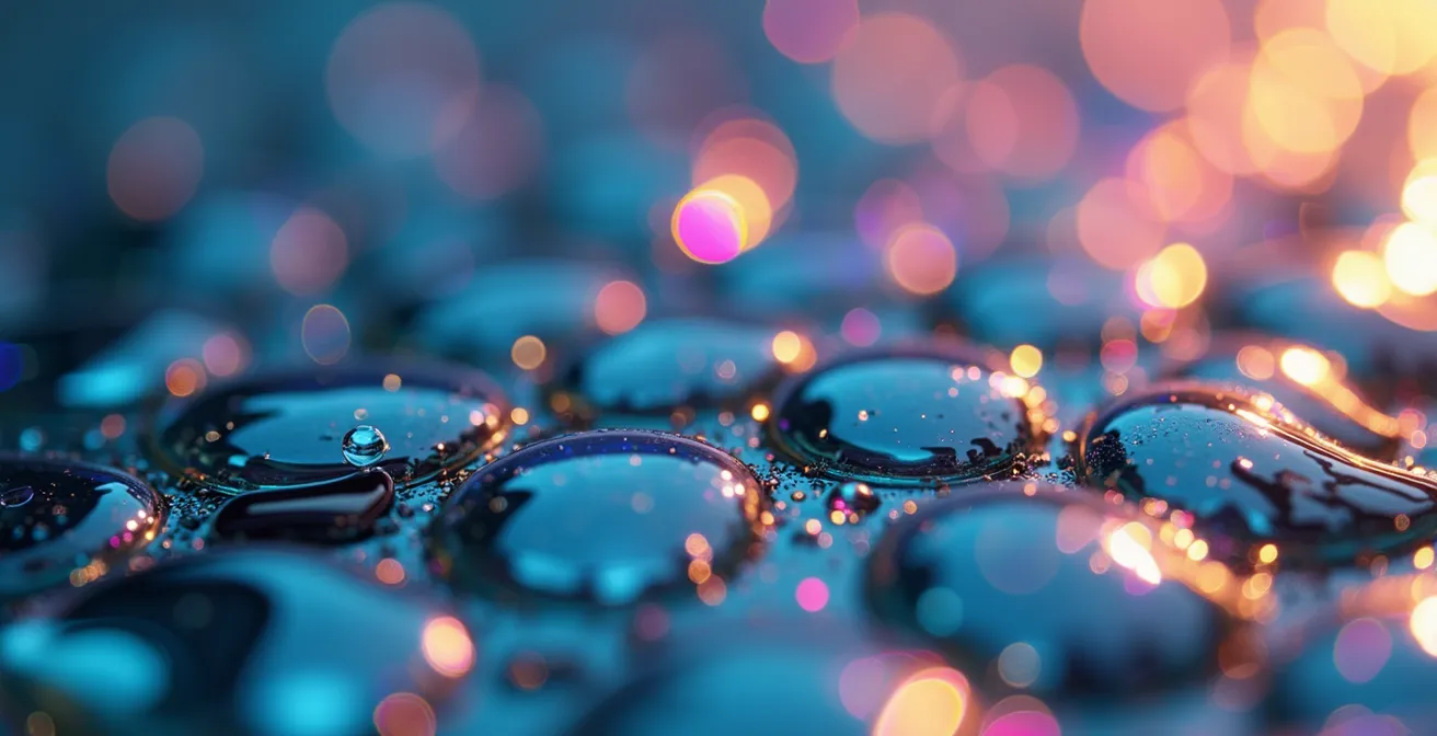 Vue macro de surfaces réfléchissantes créant un kaléidoscope de données, symbolisant la surveillance numérique