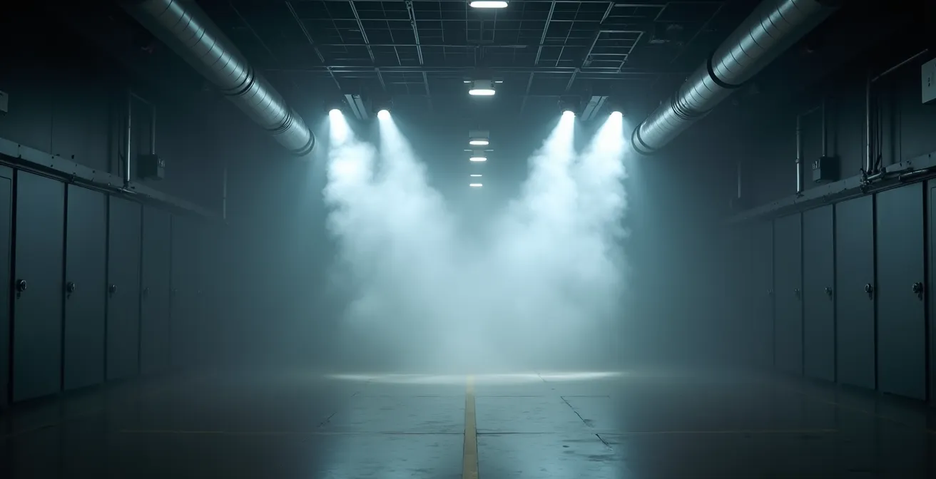 Système de désenfumage industriel moderne avec compartimentage visible et extracteurs de fumée en action