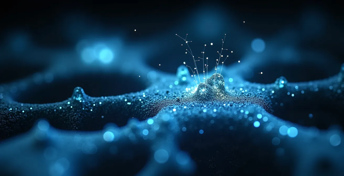 Représentation métaphorique d'un système de cybersécurité organique et évolutif avec des connexions lumineuses