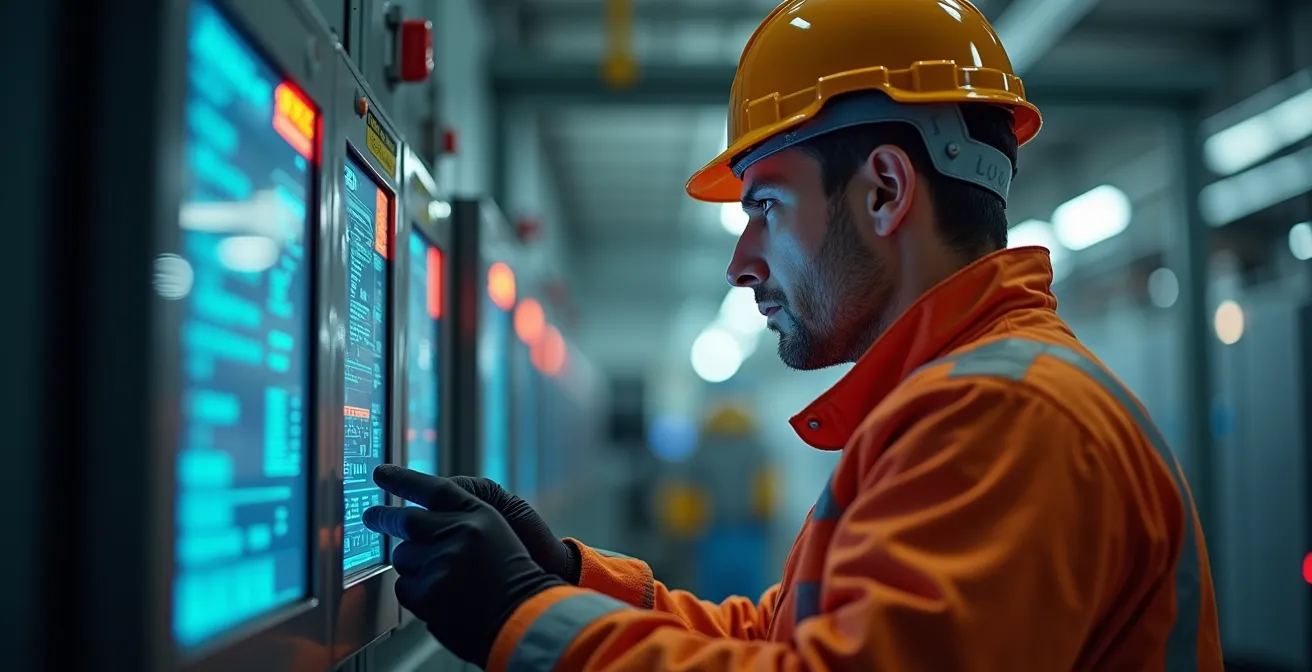 Technicien effectuant un test de maintenance sur un système d'alarme commercial