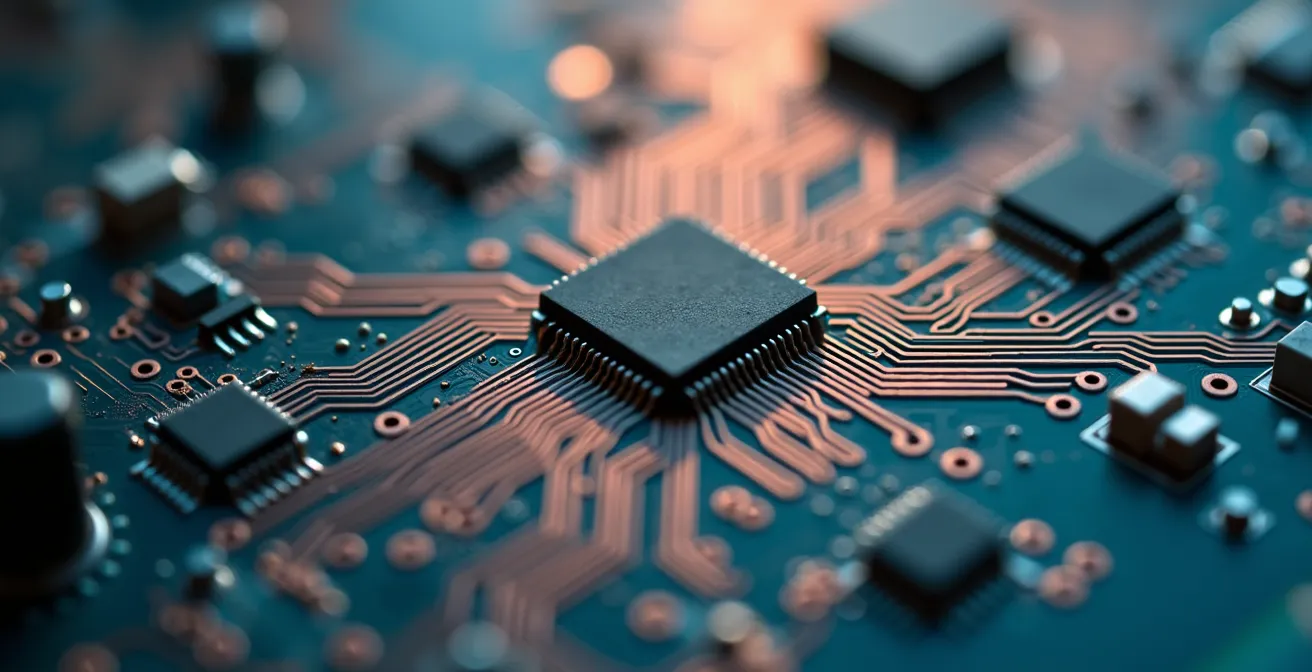 Vue macro de composants électroniques et circuits imprimés montrant les détails d'une investigation cyber