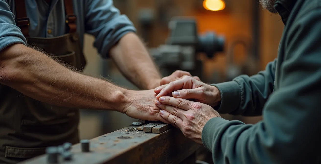 Un expert senior guide un apprenti dans un atelier industriel, transfert de connaissances techniques