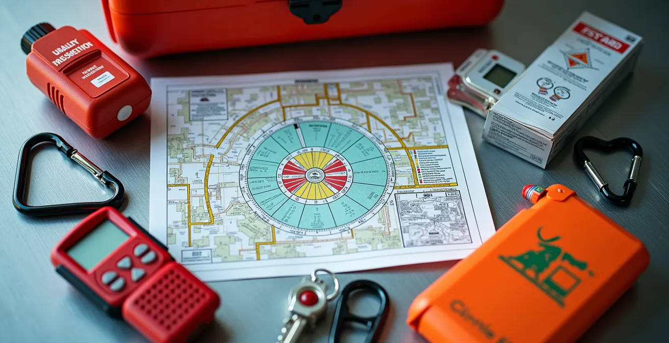 Vue détaillée d'une trousse d'intervention d'urgence ouverte avec équipements essentiels