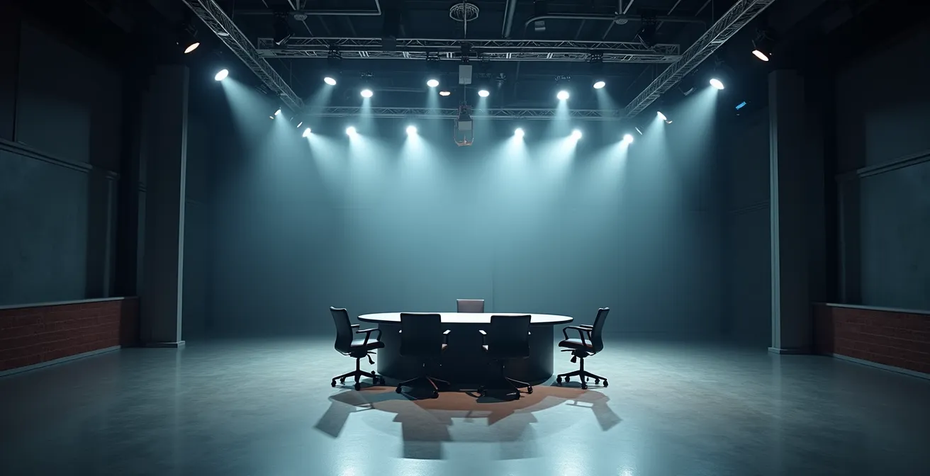 Studio de télévision québécois vide symbolisant le danger du silence médiatique